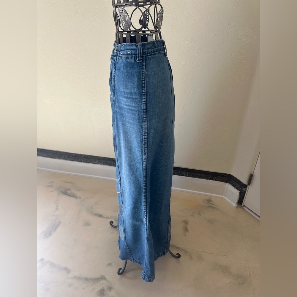 Vintage L.A.P.D. California Denim Skirt | Patchwork Chevron | Upcycled Boho Midi - Picture 9 of 10